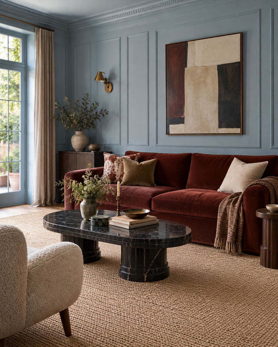 The same living room scheme shown with photorealistic materials and daylight.