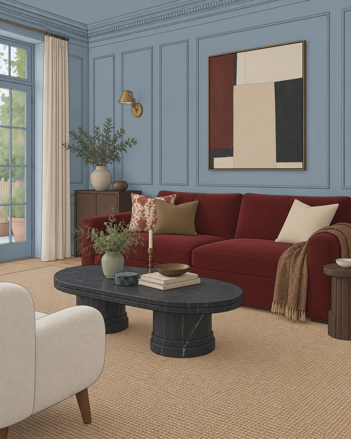 3D room view with blue paneled walls, a burgundy sofa, natural sisal rug, and black marble Art Deco coffee table.